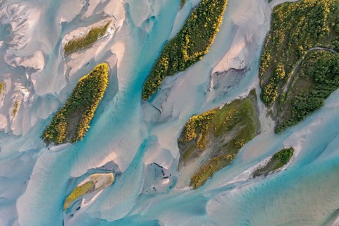 Aerial view, river delta with islands, river Glomåga, Mo i Rana, Norway, Europe