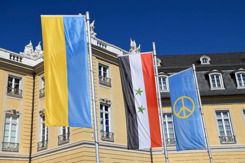 Flags of Ukraine and Syria in front of the Badisches Landesmuseum in Karlsruhe Castle, Karlsruhe,