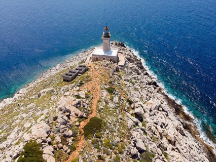 Drone shot, Akrotiri Tenaro lighthouse at the southernmost point of the Peloponnese, Cape Matapan,