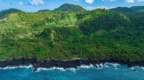 Aerial of the volcanic south coast, Taveuni, Fiji, South Pacific, Oceania