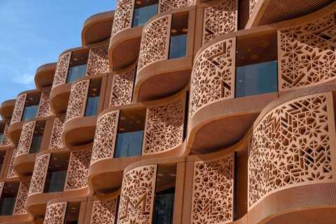 House facade, Masdar City urban development project, first emission-free eco-city, Emirate of Abu