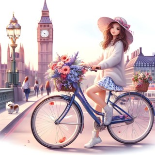 Cute anime girl on bicycle with flowers in the city of London. AI generated