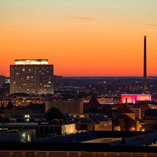 Charité high-rise hospital and the chimney of the Vattenfall combined heat and power plant