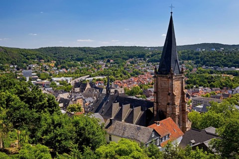 Elevated view of the Lutheran Parish Church of St. Mary, also known as the Stadtpfarrkirche,