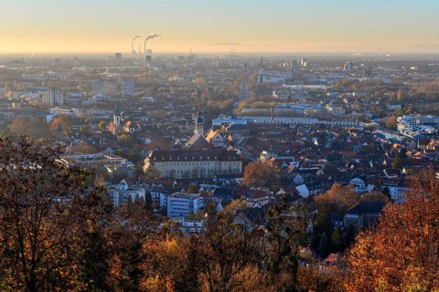 View from the Turmberg towards Durlach with town church and town hall, in the background the city