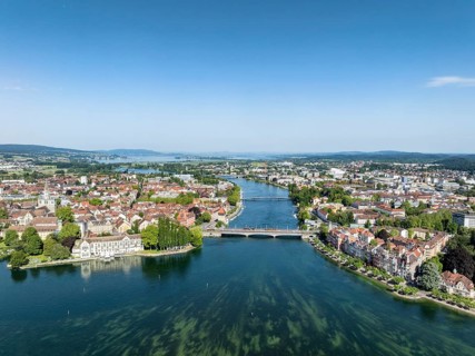 Aerial view of Lake Constance and the Seerhein, also Rhine funnel with the city of Constance and
