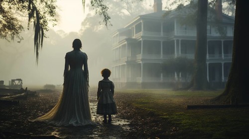 Eerie haunting ghostly silhouetted female and child figures walking in front of a foggy southern