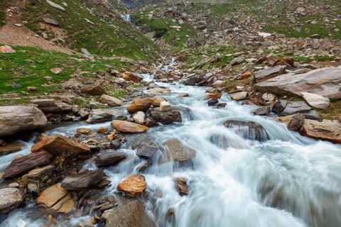 Waterfall in Himalayas in Koksar, Lahaul Valley, Himachal Pradesh, India, Asia