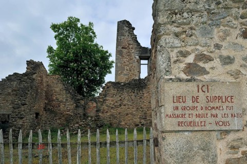 Memorial plaque on the destroyed house. The burnt village of Oradour-sur-Glane was destroyed on 10
