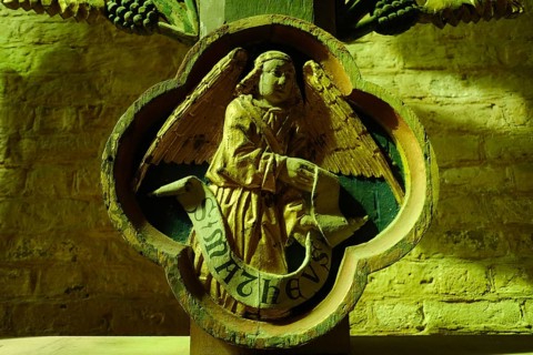 S. Matheus, wood carving of an evangelist, foot end late Gothic triumphal cross of the later 15th