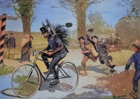 Chimney sweep on a bicycle, Historic, digitally restored reproduction of an original from the 19th