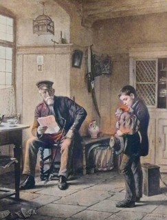 Disrespectful, Boy has a monkey on his arm and presents it to his grandfather, 1880, England,