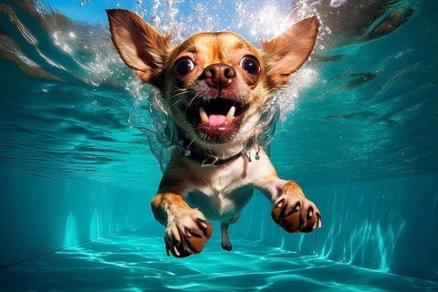Chihuahua diving in a pool, AI Generated