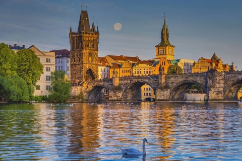 Vltava and Charles Bridge, Old Town Bridge Tower, Old Mill Water Tower, Prague, Bohemia, Czech