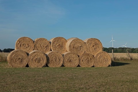 Stack of round bales, straw, wind turbines, agriculture, Allerstorf, Marlow, Mecklenburg-Western