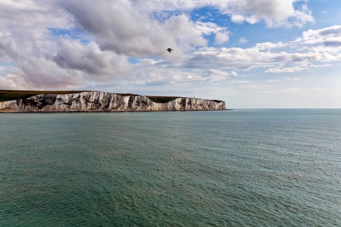 Chalk Coast on the Horizon, White Cliffs by the Sea, Dover, Kent, England, United Kingdom, Europe