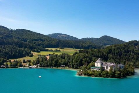 Drone shot, Fuschl Castle, Fuschlsee, Fuschl am See, Salzkammergut, Land Salzburg, Austria, Europe