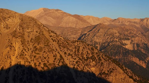 Kallergi Hut, Samaria Gorge, evening light, mountain shade, cloudless blue sky, Omalos, Lefka Ori,