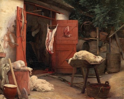 Slaughtering Animals, A Slaughterhouse in Hellebaek in Denmark, 1875, Painting by Carl Bloch,