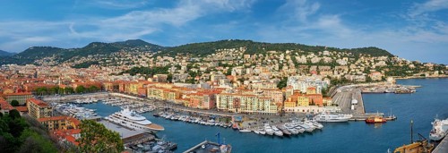 Panorama of Old Port of Nice with luxury yacht boats from Castle Hill, France,