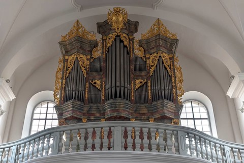 Organ loft with a prospectus of the historic Seuffert organ 1756, pilgrimage church Maria Limbach,
