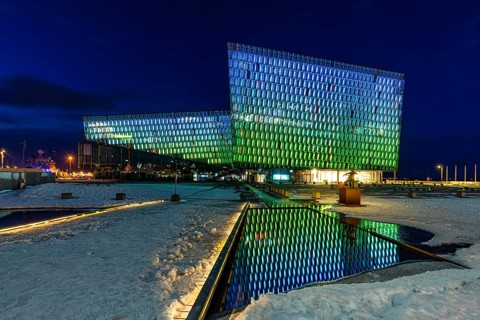 Illuminated facade of the Harpa Concert Hall and Congress Centre, night shot, Reykjavik, Reykjanes