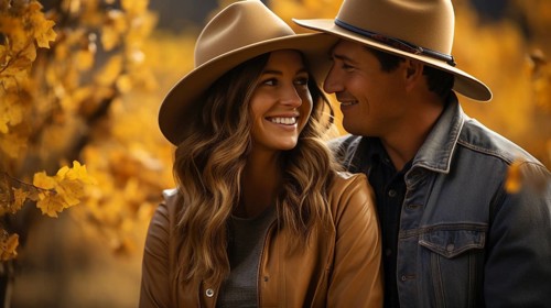 Young adult romantic couple wearing cowboy hats enjoying the fall country atmosphere, generative AI