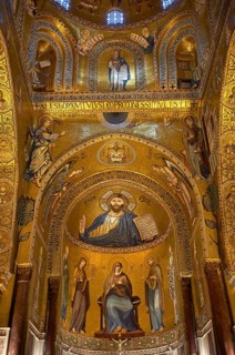 Medieval Byzantine style mosaics of Christ Pantocrator above the altar of the Palatine Chapel,