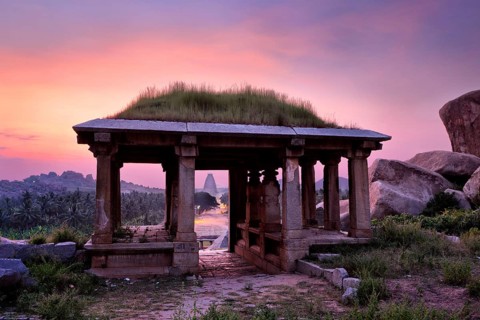 Ancient ruins in Hampi on sunset. Above Hampi Bazaar, Hampi, Karnataka, India, Asia