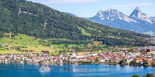 View of Arth on Lake Zug and mountains in the Swiss Alps with panorama of the Little and Great