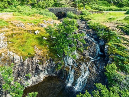 Eas Fors Waterfall from a drone, Isle of Mull, Scottish Inner Hebrides, Scotland, UK