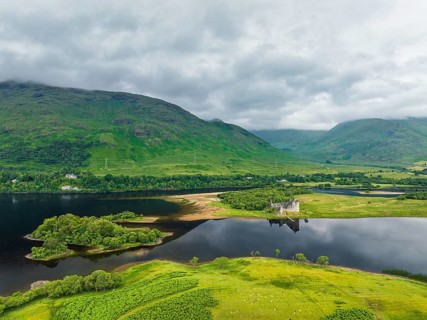 Kilchurn Castle from a drone, Loch Awe, Argyll and Bute, Scotland, UK