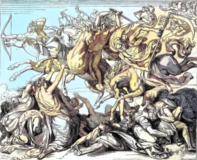 The Four Horsemen of the Apocalypse, messengers of the approaching Apocalypse, the Last Judgement,