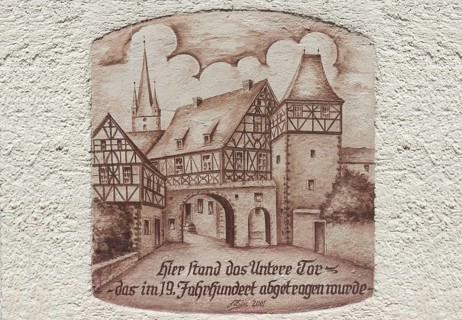 Wall painting, reminder of a medieval town gate, Zeil am Main, Lower Franconia, Bavaria, Germany,