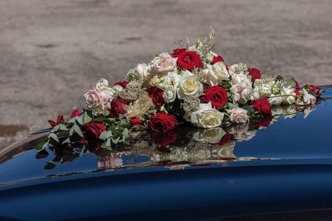 Bridal bouquet on a bridal car, Bavaria, Germany, Europe