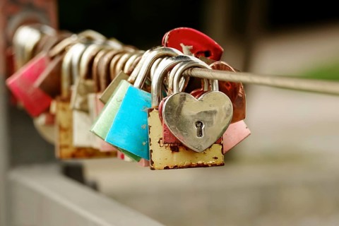 Love locks on a bridge railing, Bavaria, Germany, Europe