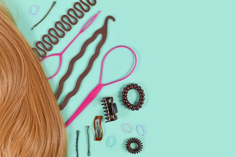 Hair styling tools like bun maker, braid tool, ponytail style maker, hair clip, rubber bands and