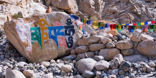 Mani stones with the engraved Tibetan mantra Om Mani Padme Hum, Nubra Valley, Ladakh, Jammu and