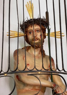 Sculpture, statue of Jesus in the crypt arcades, tomb counter in the arcade of St. Sebastian's