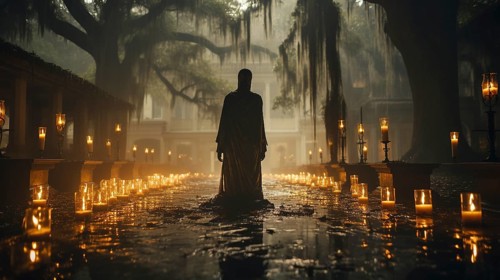 Mysterious ghostly figure walking amongst the candlelit houses on a foggy halloween night,