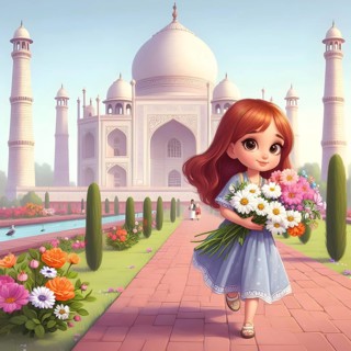 Cute anime girl with flowers near Tajmahal. AI generated