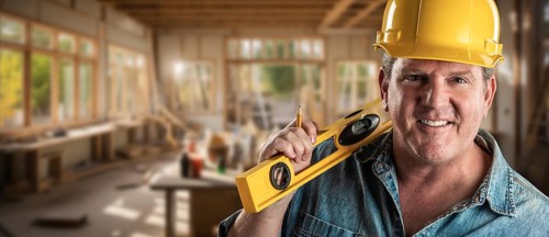 Happy male contractor at a construction site wearing a hard hat and work gloves holding his level