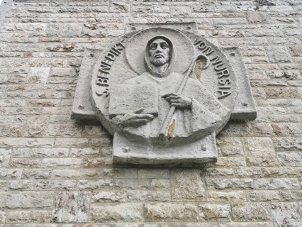 Saint Benedict of Nursia, founder of the order, relief at Münsterschwarzach Abbey, Benedictine