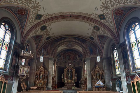 Interior of the parish church Maria Opferung, built in 1889, Riezlern, Kleinwalsertal, Austria,