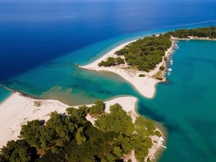 Aerial view, lagoon, beach and harbour, Glarokavos, Pallini, Kassandra Peninsula, Chalkidiki,