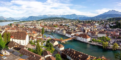 Lucerne city on the river Reuss with Spreuerbrücke and Lake Lucerne panoramic view from above in