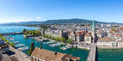 Lake Zurich skyline from above with Lake Zurich panorama in Zurich, Switzerland, Europe