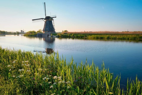 Netherlands rural lanscape with windmills at famous tourist site Kinderdijk in Holland on sunset