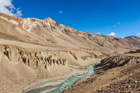 Tsarap river iand Himalayan landscape in Himalayas along Manali-Leh road. Himachal Pradesh, India,