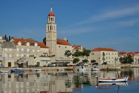 Harbour of Sutivan in front of the Sveti Ivan Church, Sutivan, Island Brac, Dalmatia, Croatia,
